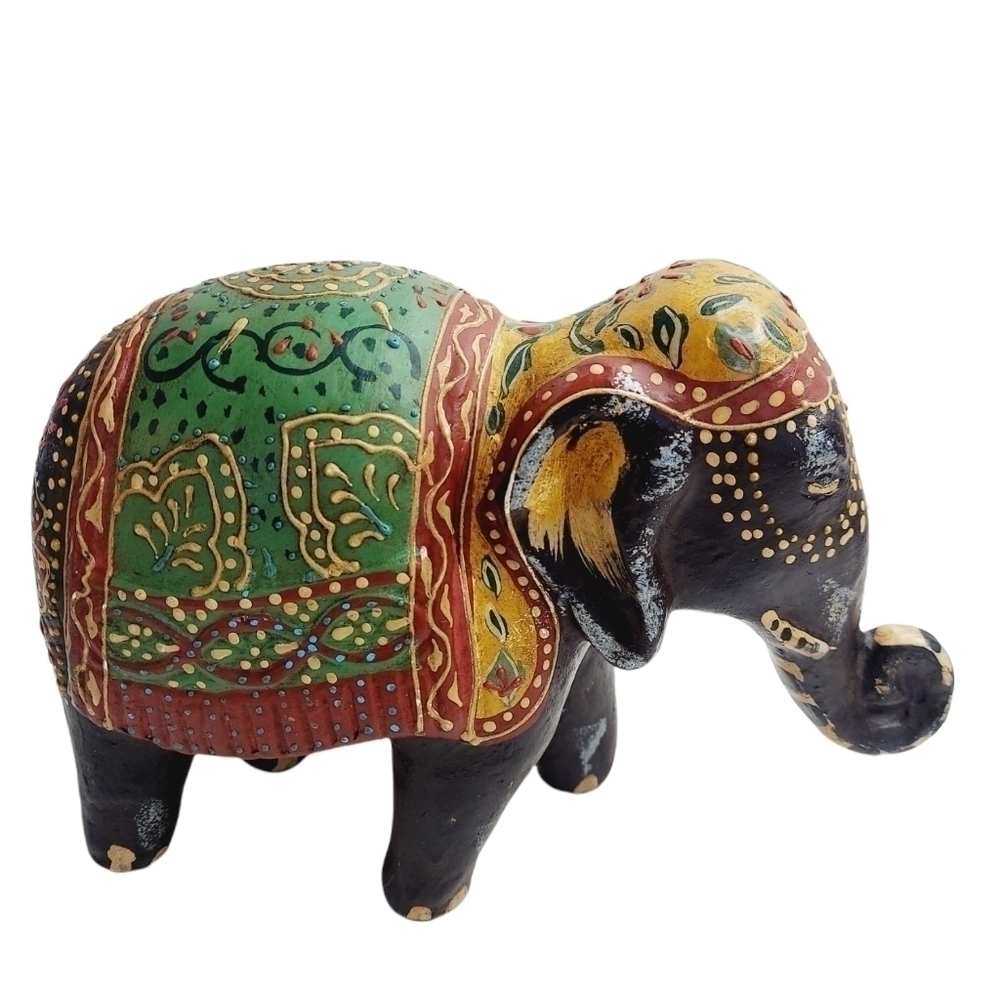 Elephant Resin Statue Exotic Black Multicolor 7" by 10"